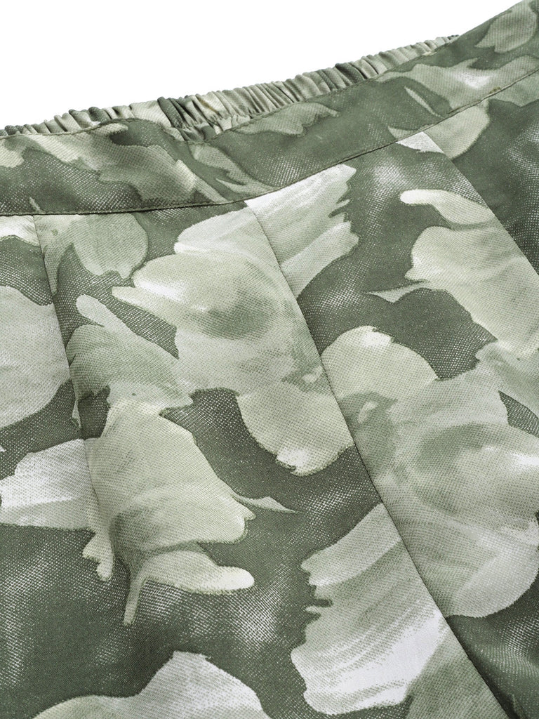 Women's Olive Green Printed Crop Top With Palazzos