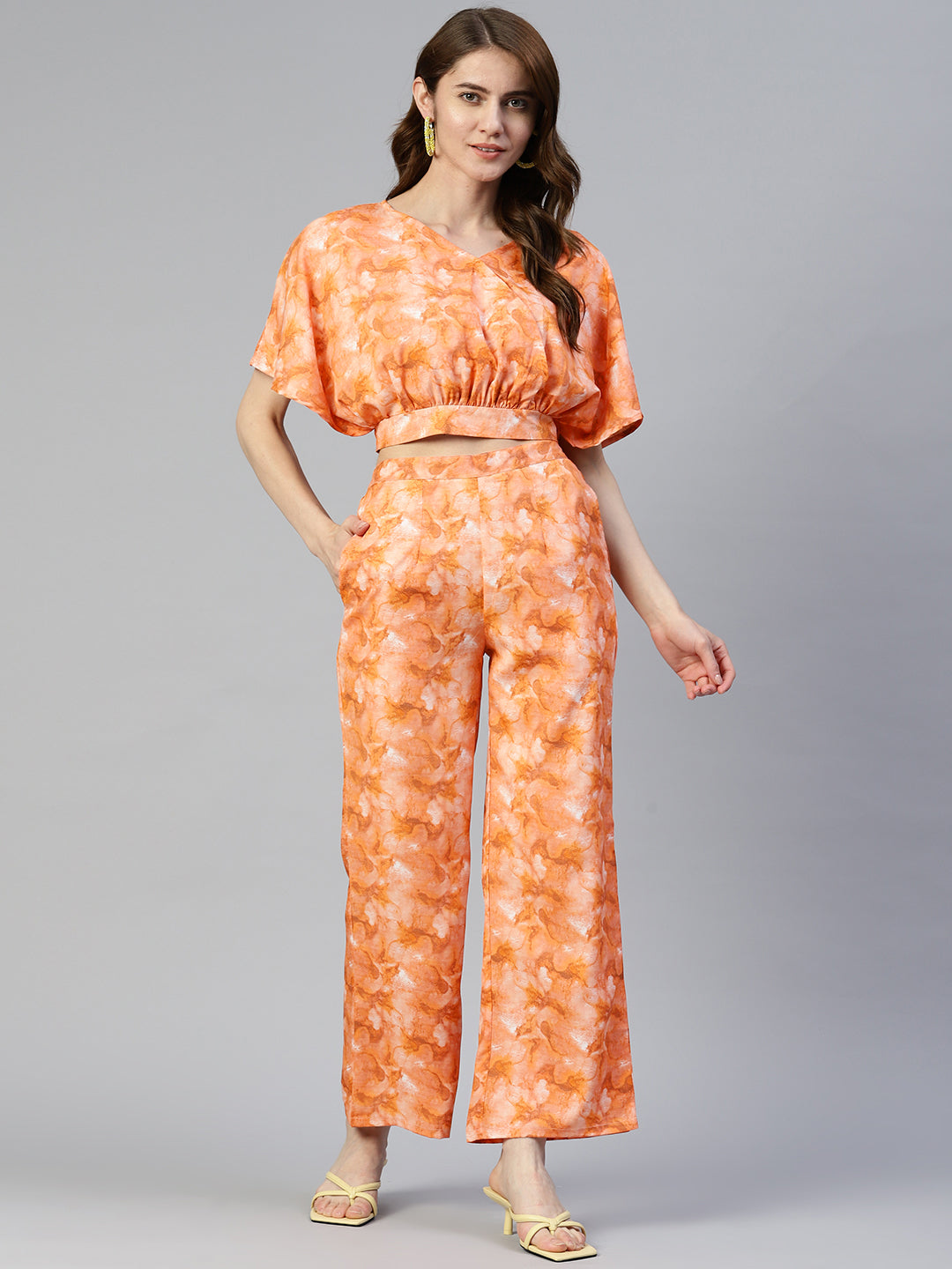 Women's Orange Printed Crop Top With Palazzos - Taantav