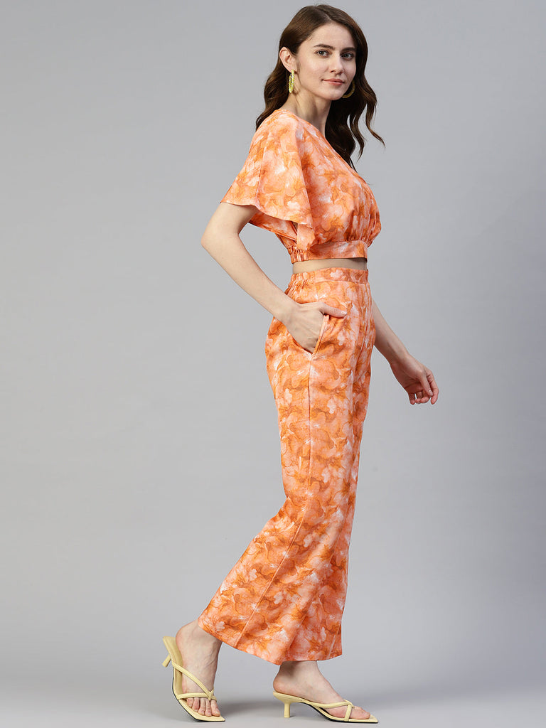 Women's Orange Printed Crop Top With Palazzos