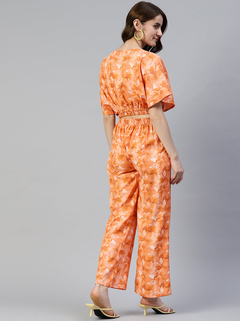 Women's Orange Printed Crop Top With Palazzos