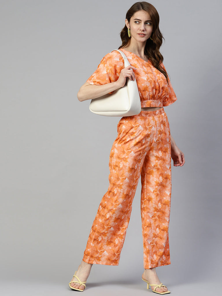 Women's Orange Printed Crop Top With Palazzos