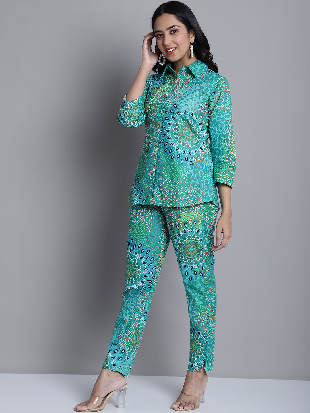 Women's Women's Green Printed Shirt and Trouser Co-ords Set - Taantav