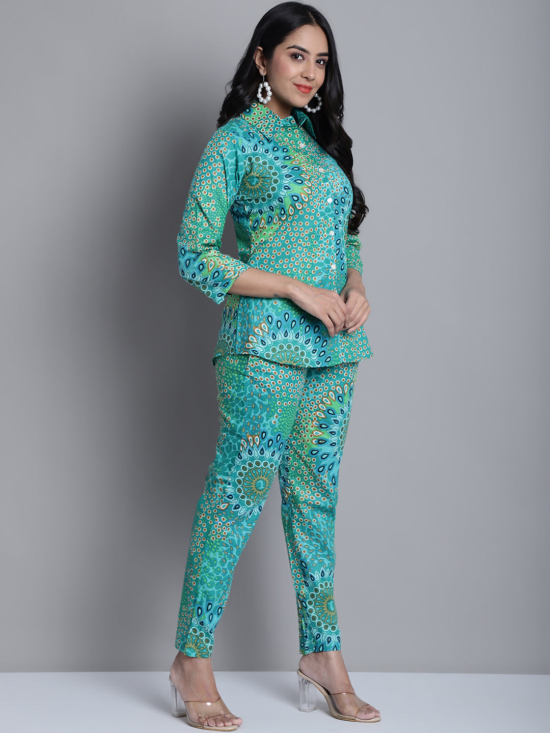 Women's Women's Green Printed Shirt and Trouser Co-ords Set - Taantav