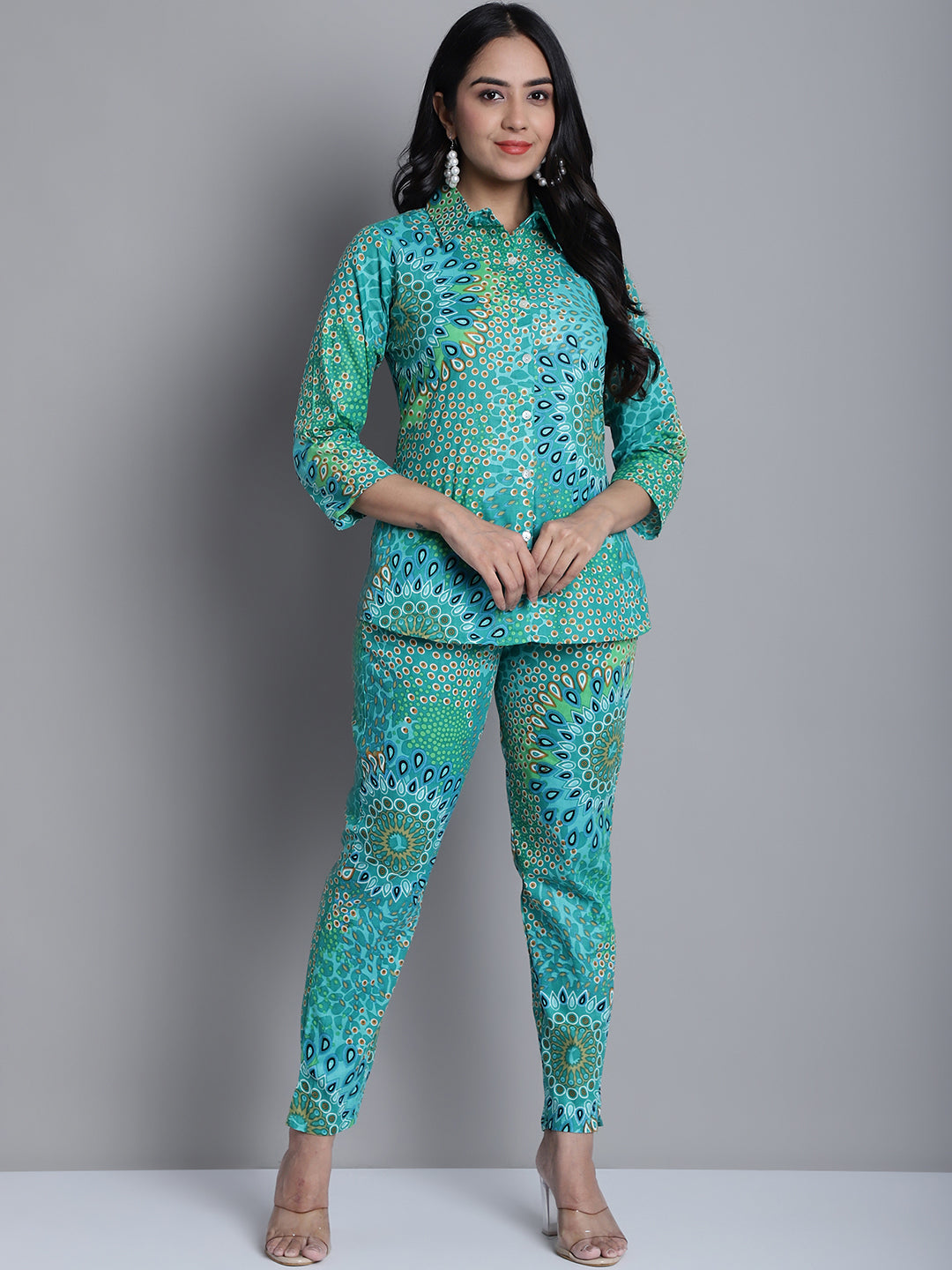 Women's Women's Green Printed Shirt and Trouser Co-ords Set - Taantav