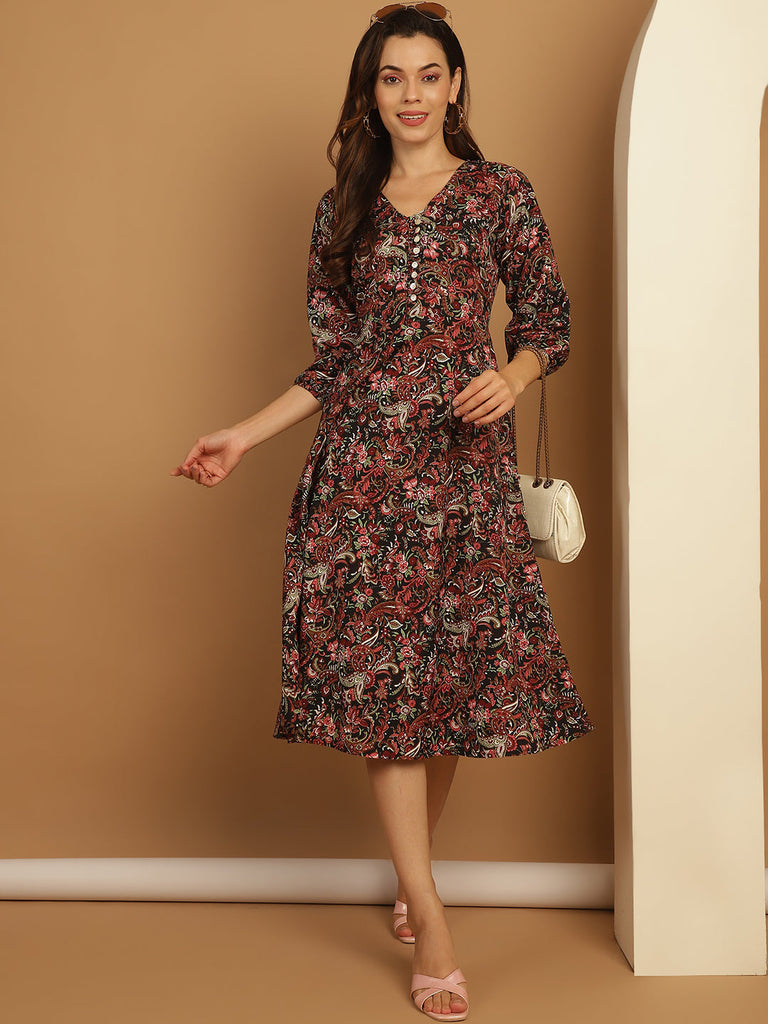 Women's Floral Print Puff Sleeves Crepe Dress
