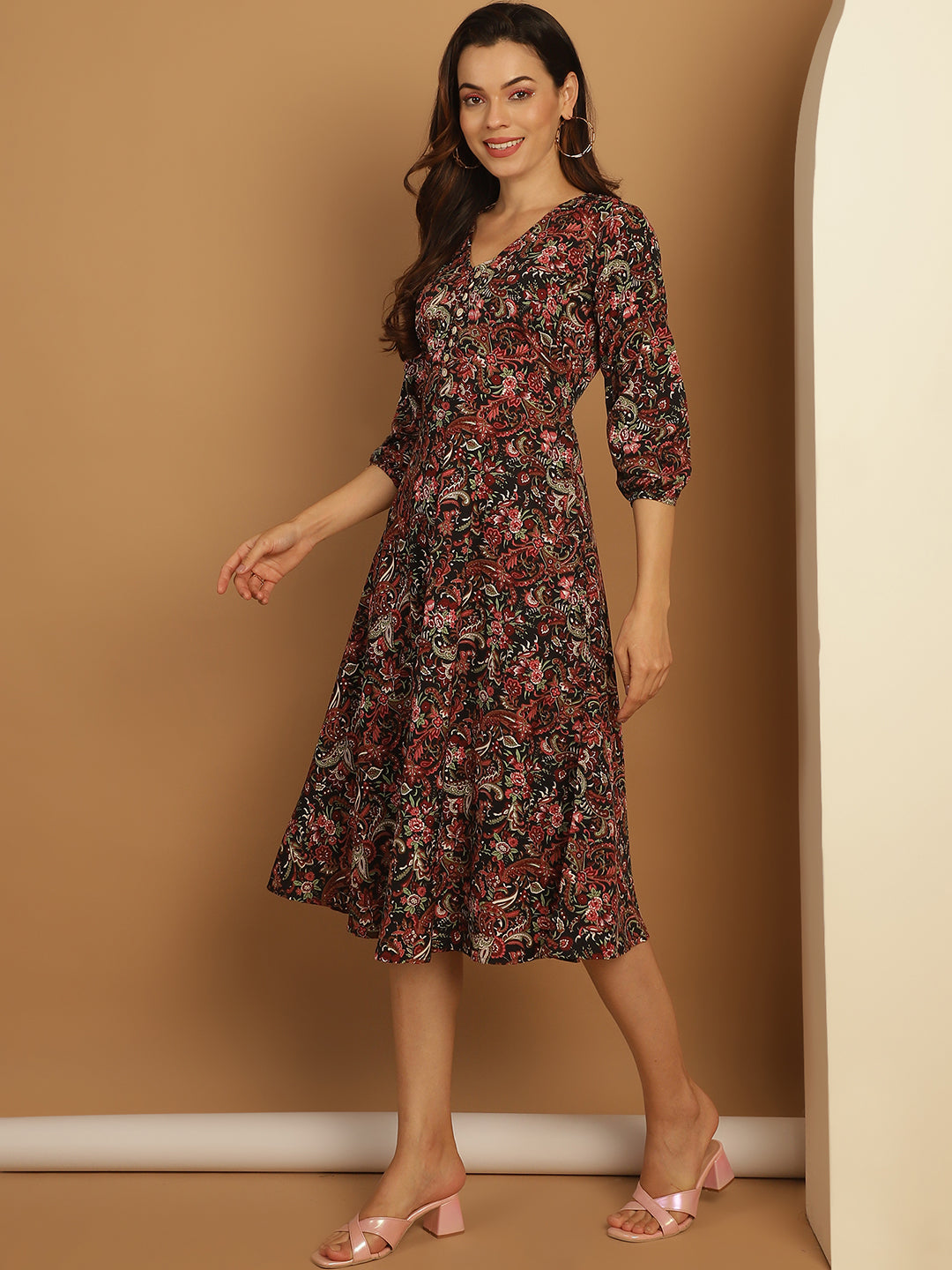 Women's Floral Print Puff Sleeves Crepe Dress - Taantav