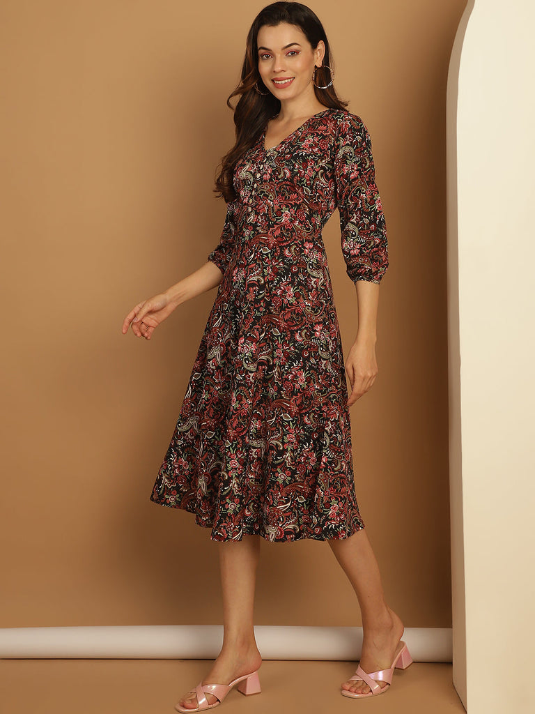 Women's Floral Print Puff Sleeves Crepe Dress