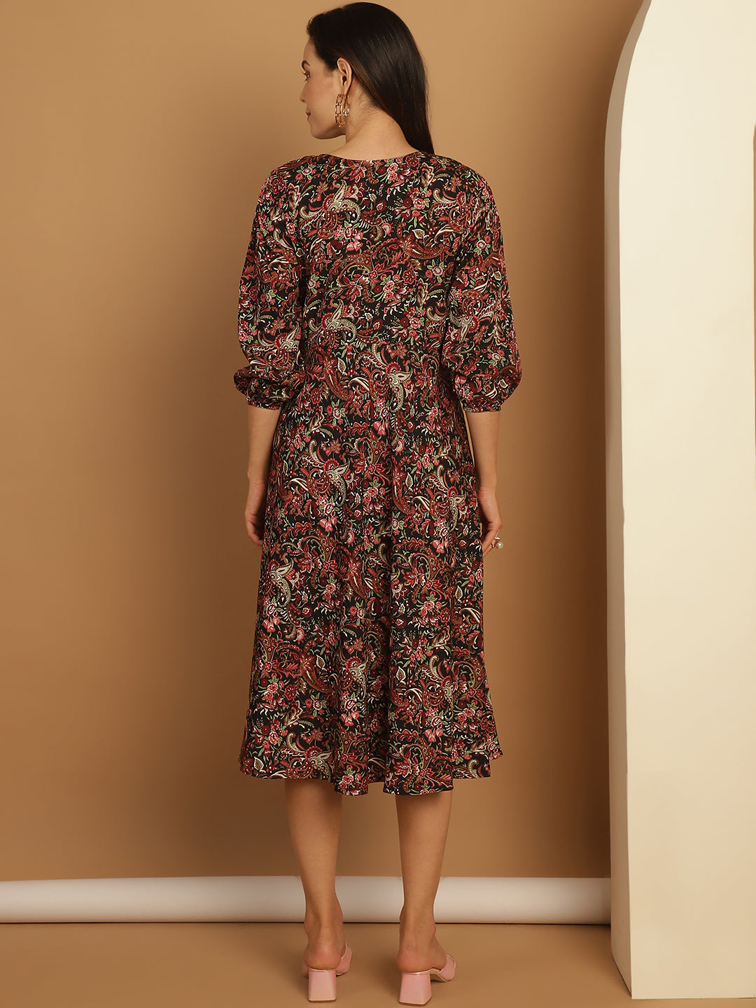 Women's Floral Print Puff Sleeves Crepe Dress - Taantav