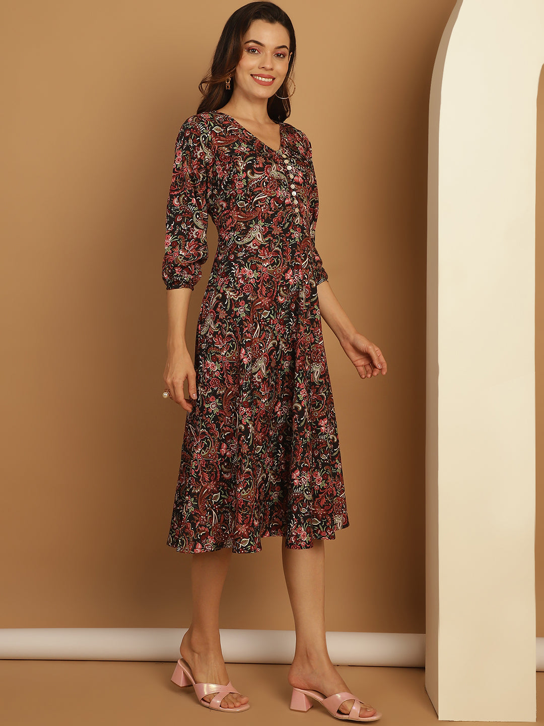 Women's Floral Print Puff Sleeves Crepe Dress - Taantav