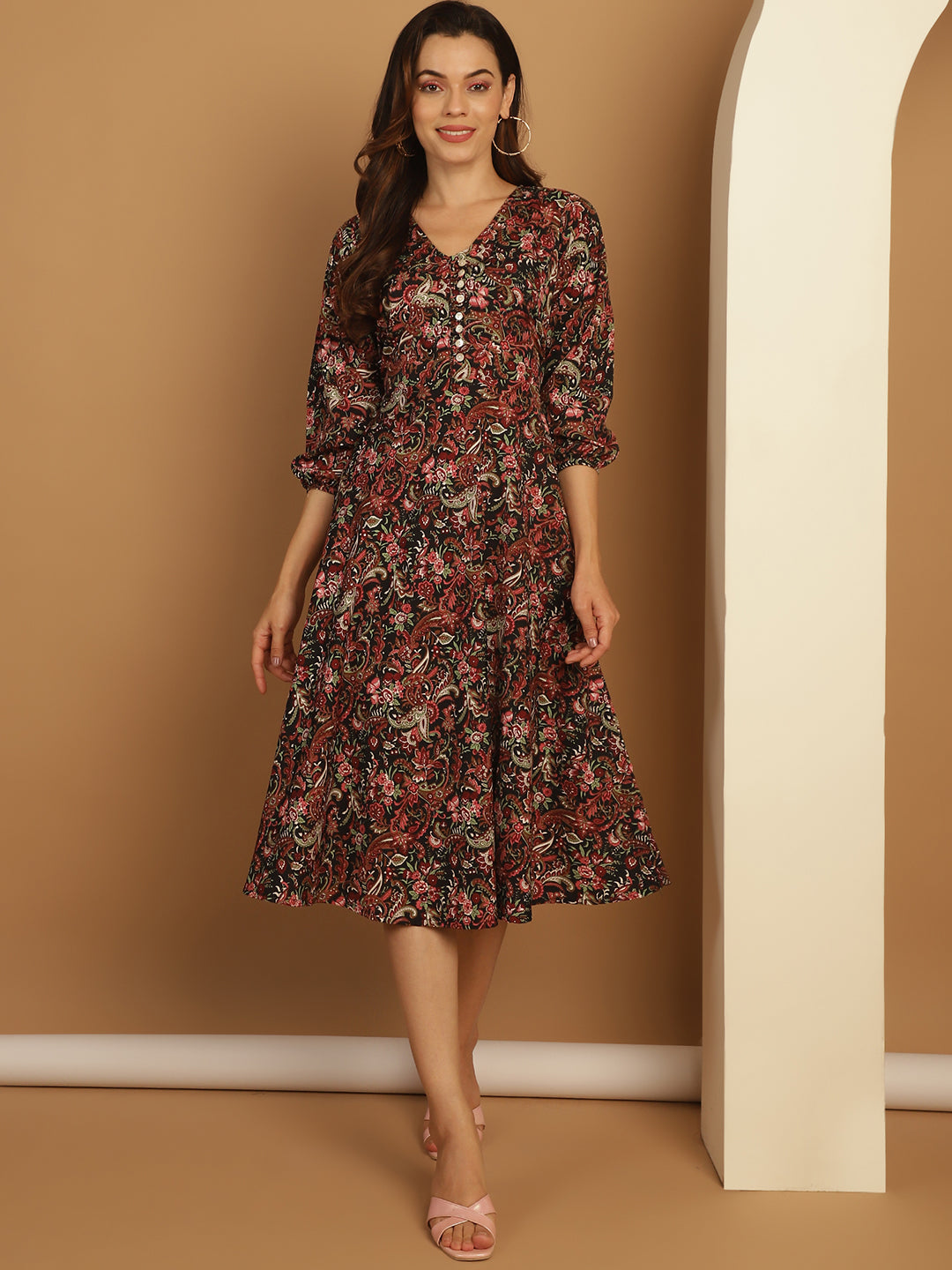 Women's Floral Print Puff Sleeves Crepe Dress - Taantav