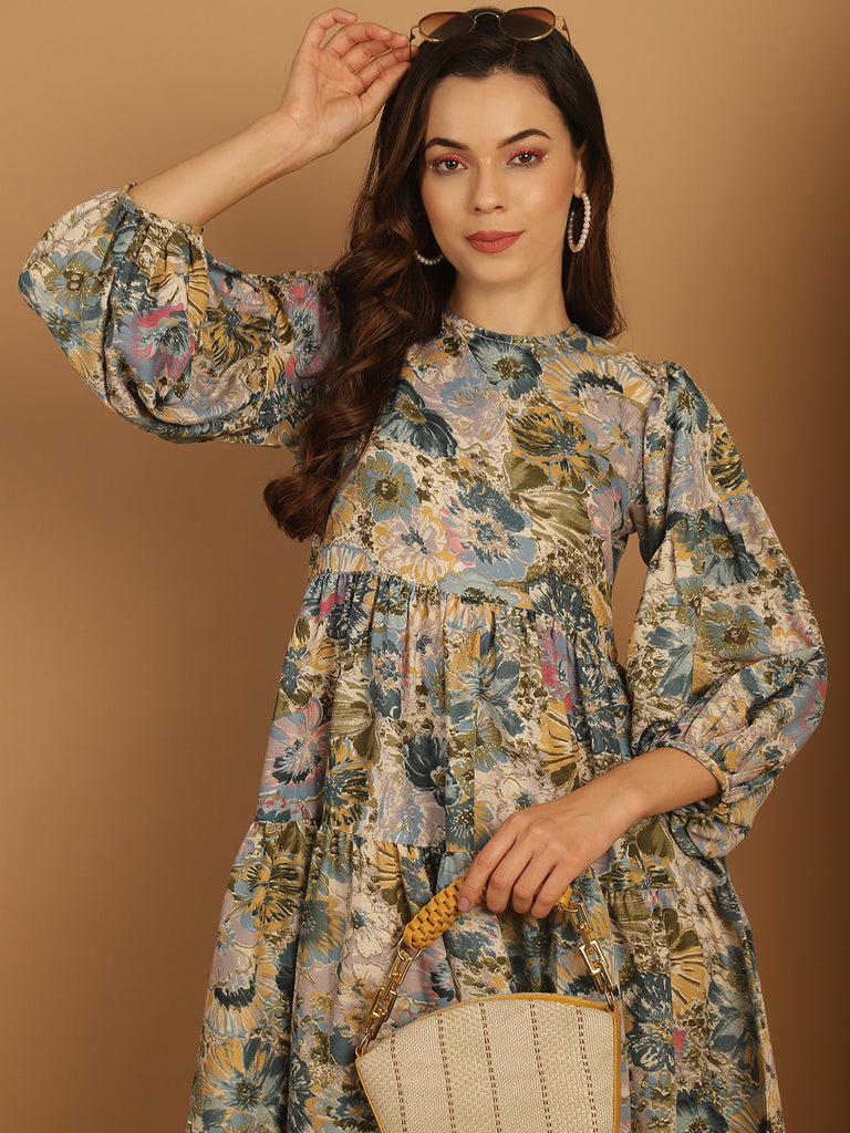 Women's Floral Printed Puff Sleeve A-Line Dress