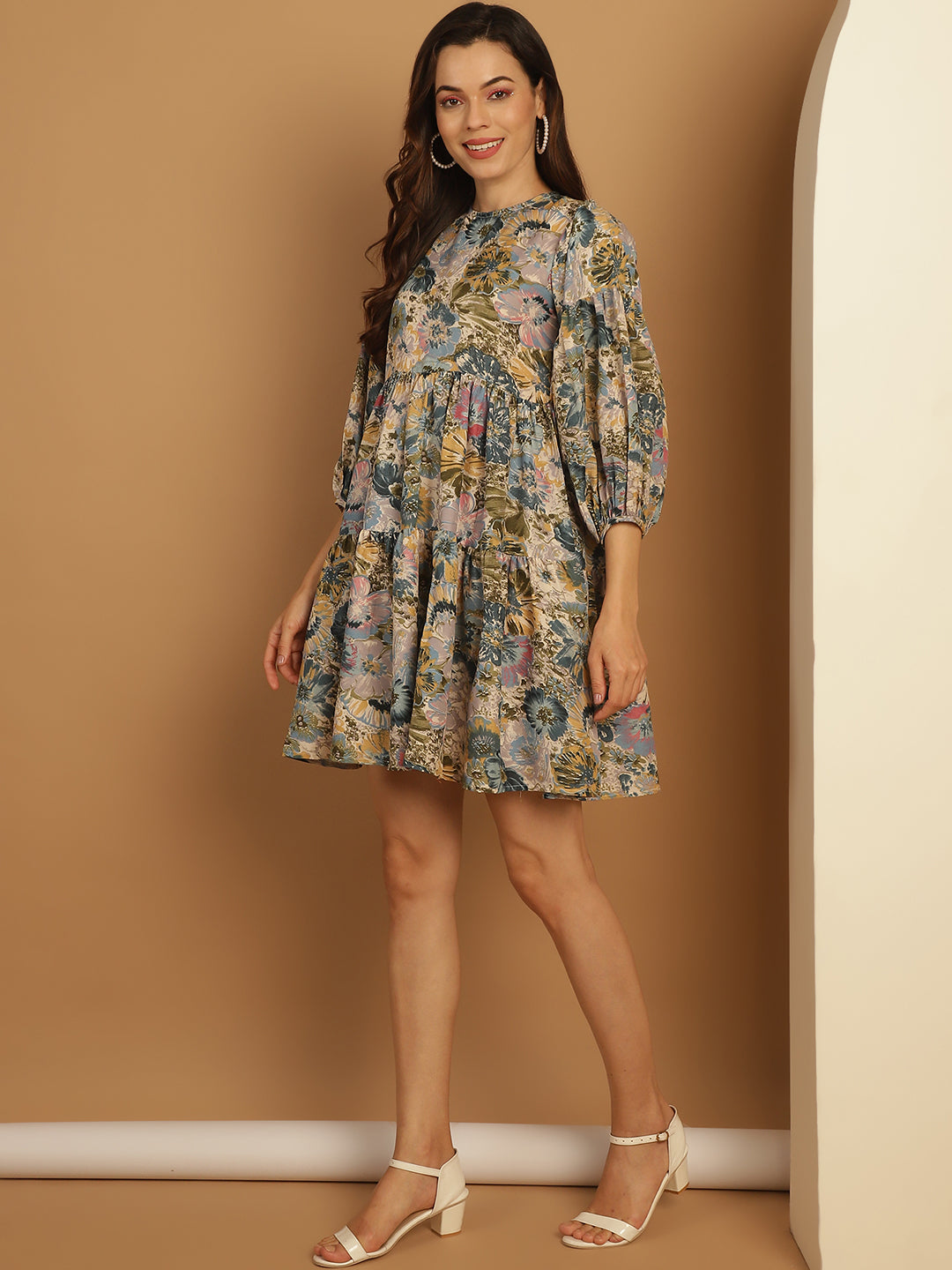 Women's Floral Printed Puff Sleeve A-Line Dress - Taantav