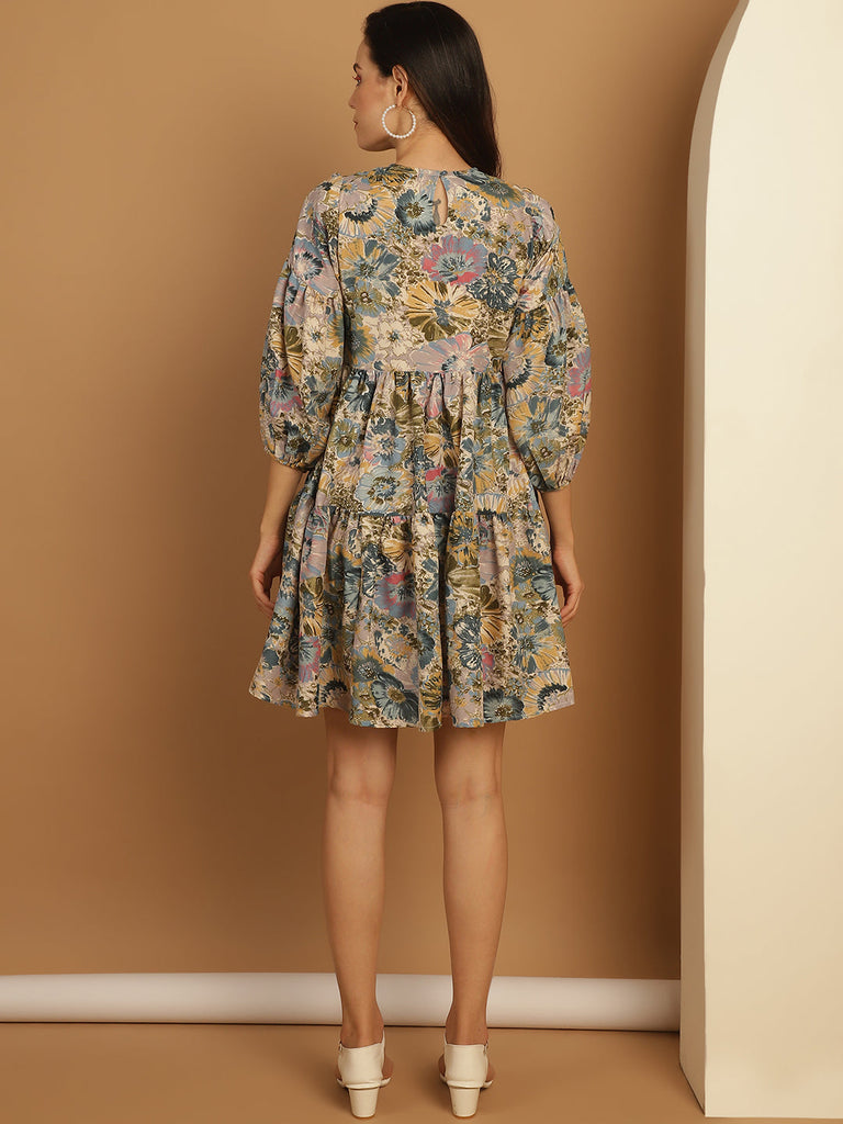 Women's Floral Printed Puff Sleeve A-Line Dress