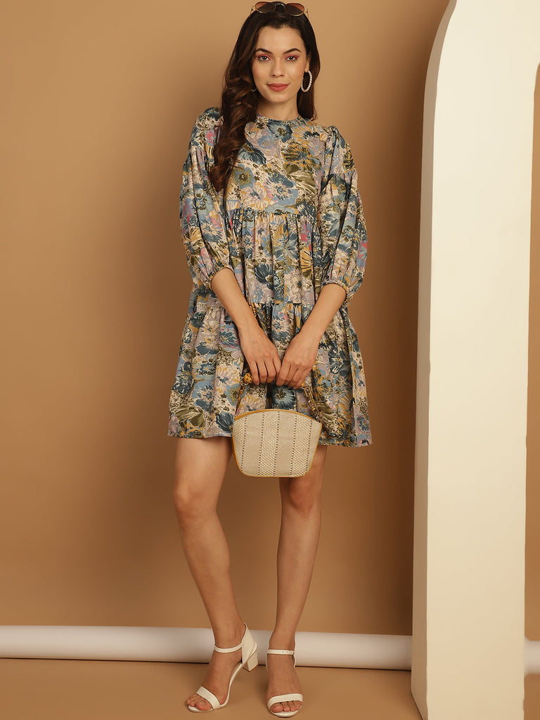 Women's Floral Printed Puff Sleeve A-Line Dress