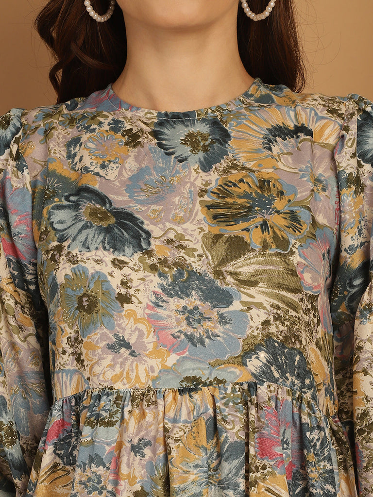 Women's Floral Printed Puff Sleeve A-Line Dress