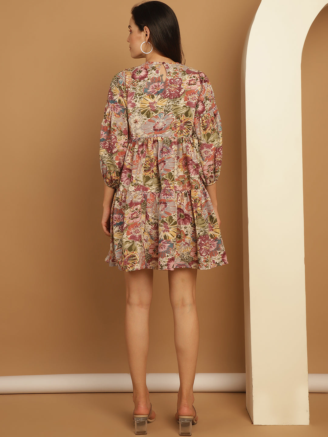 Women's Floral Printed Puff Sleeve A-Line Dress - Taantav