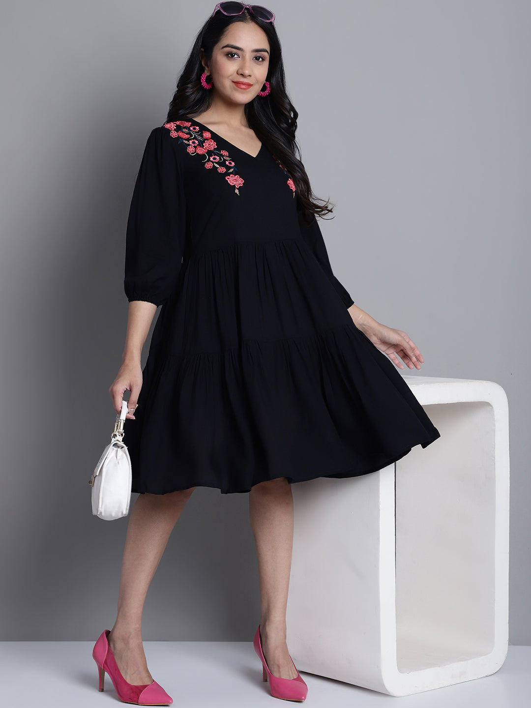 Women's Women's Black Floral Embroidered A-line Dress - Taantav