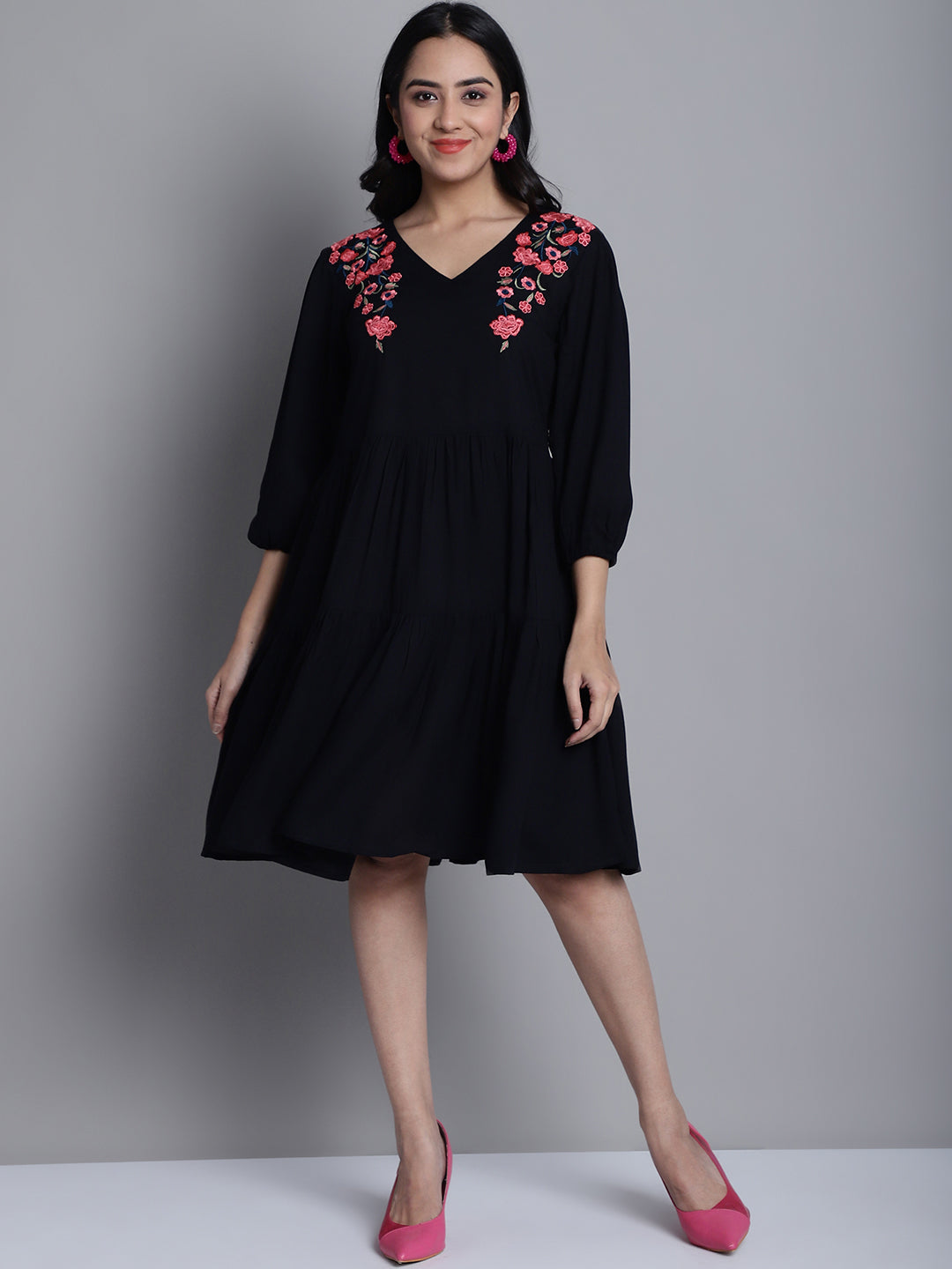 Women's Women's Black Floral Embroidered A-line Dress - Taantav