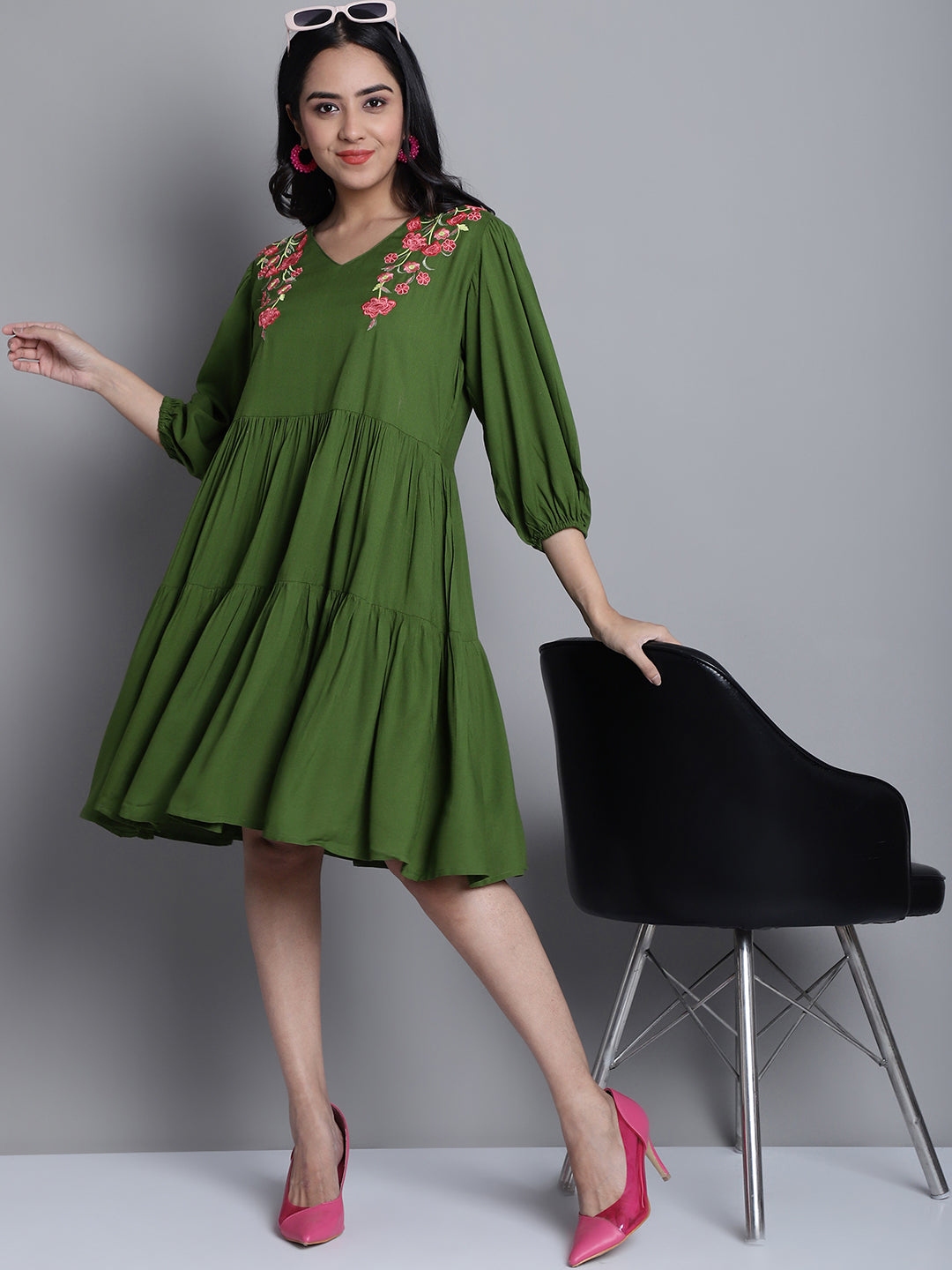 Women's Women's Green Floral Embroidered A-line Dress - Taantav