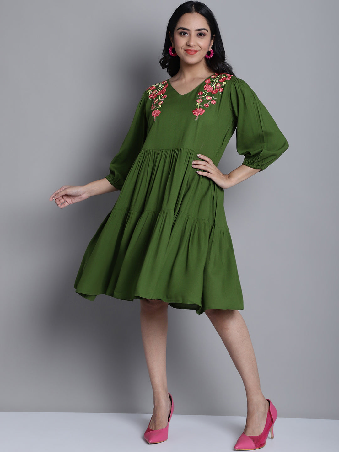 Women's Women's Green Floral Embroidered A-line Dress - Taantav