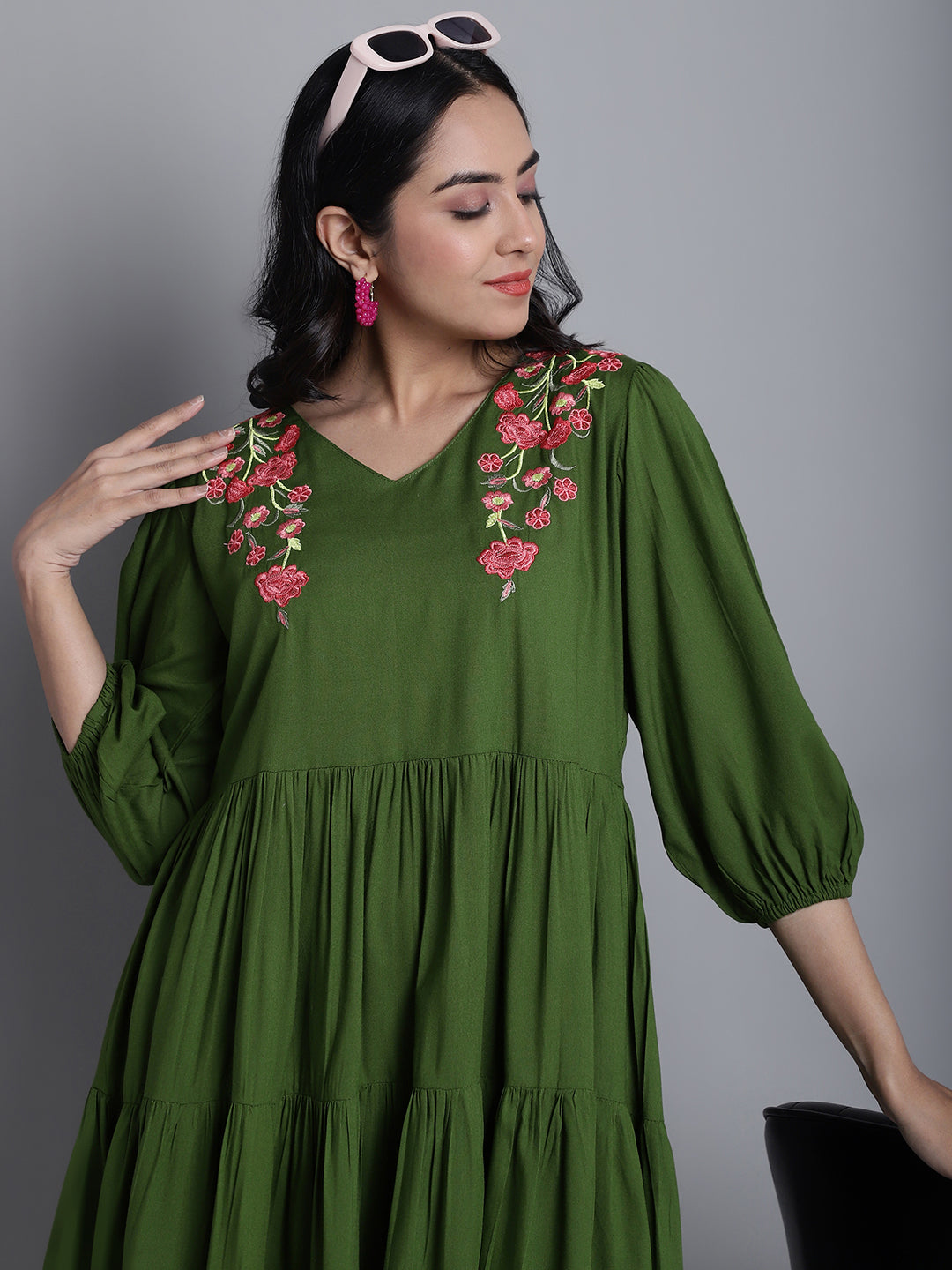 Women's Women's Green Floral Embroidered A-line Dress - Taantav