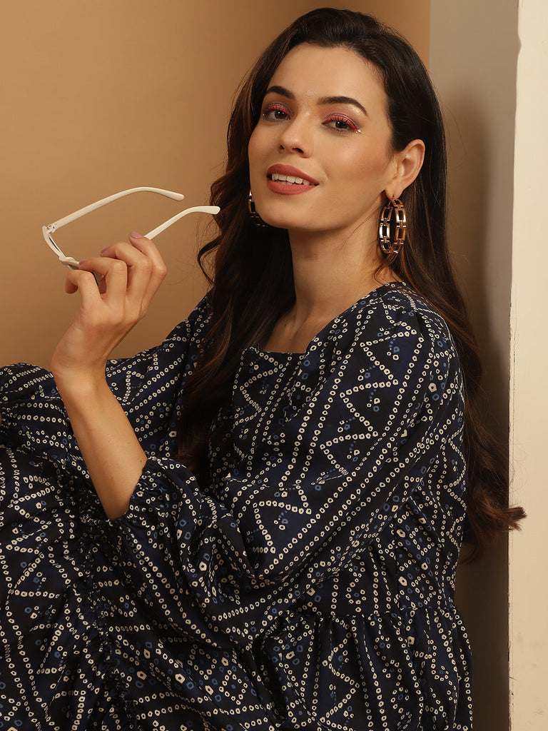 Women's Bandhani Printed Puff Sleeve A-Line Dress