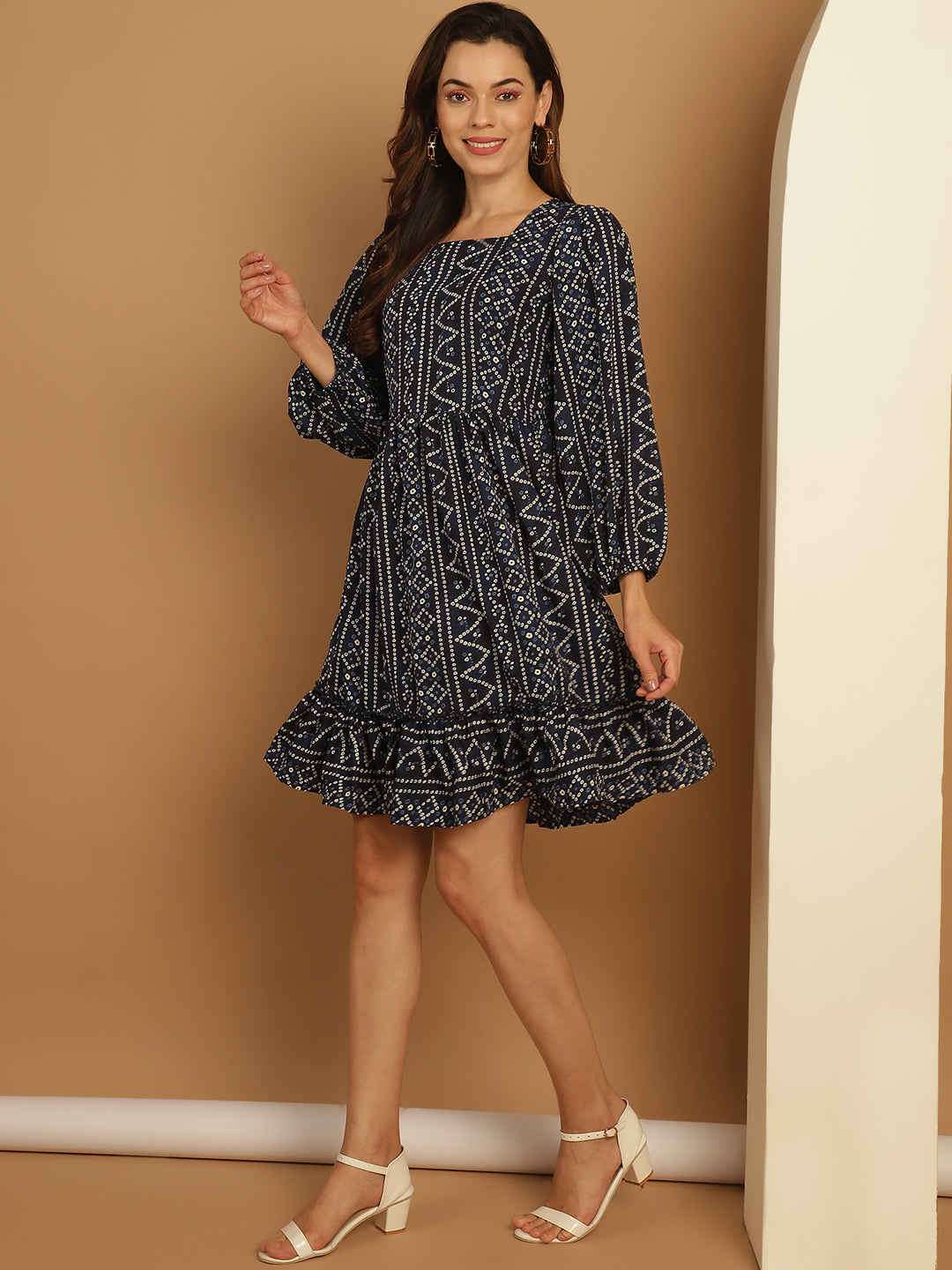 Women's Bandhani Printed Puff Sleeve A-Line Dress - Taantav