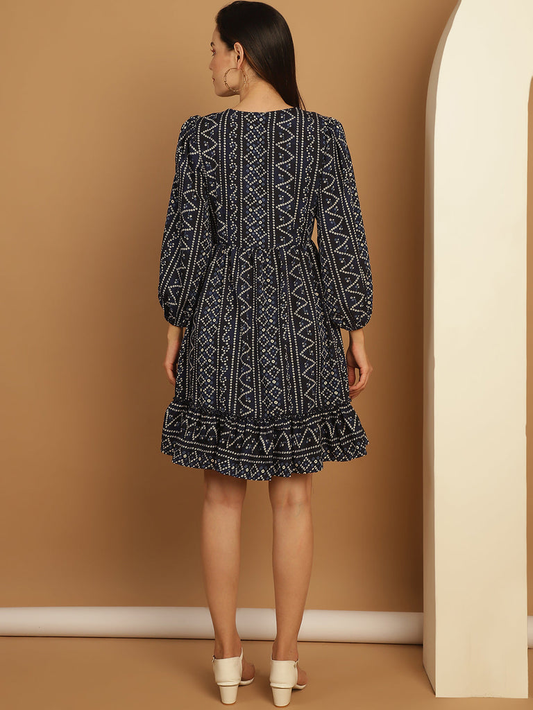 Women's Bandhani Printed Puff Sleeve A-Line Dress