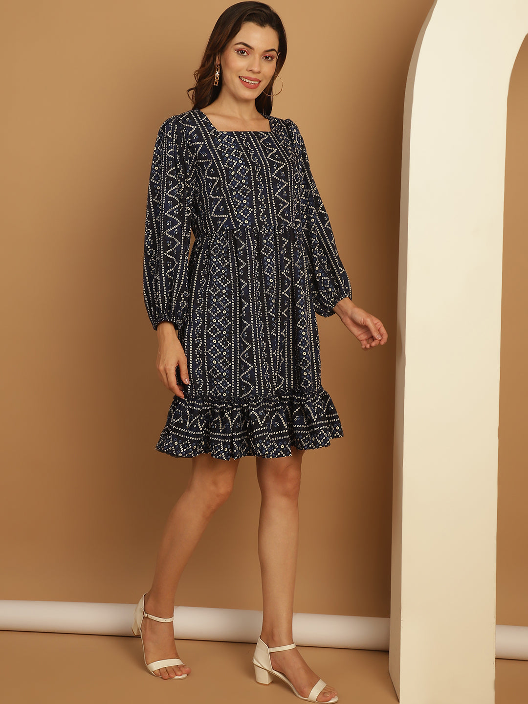 Women's Bandhani Printed Puff Sleeve A-Line Dress - Taantav