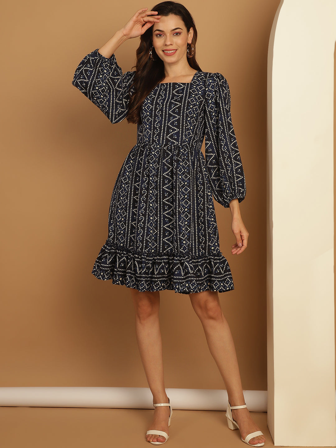 Women's Bandhani Printed Puff Sleeve A-Line Dress - Taantav