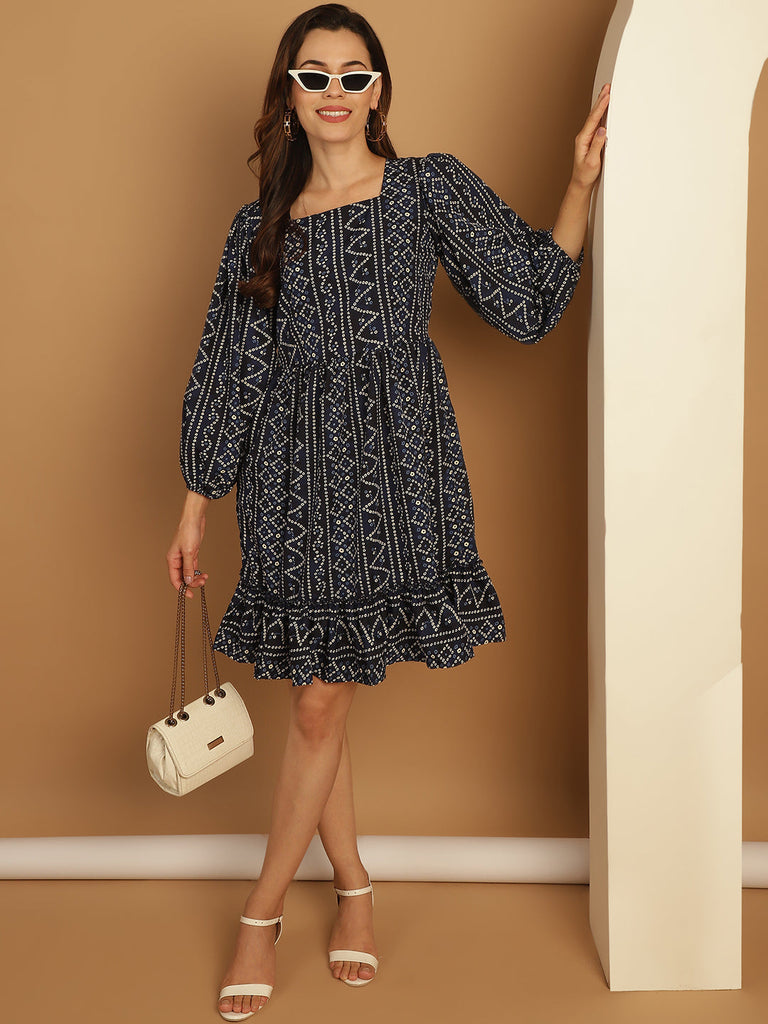 Women's Bandhani Printed Puff Sleeve A-Line Dress