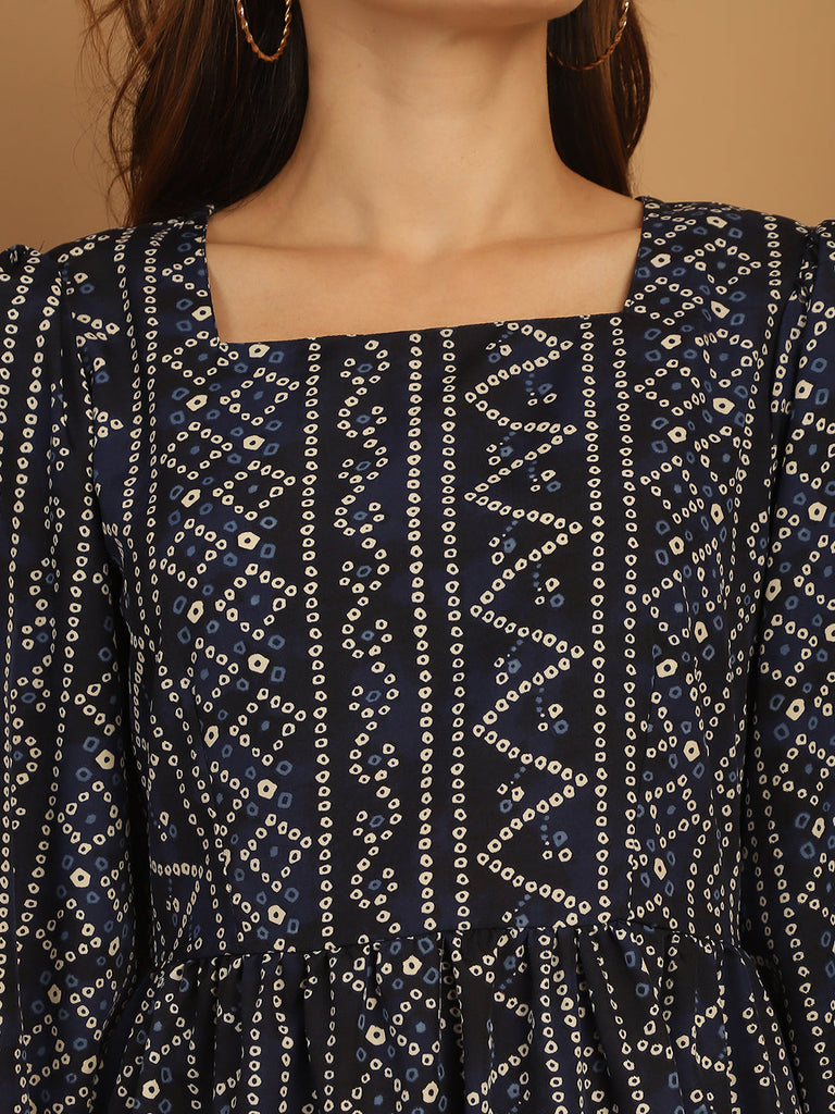 Women's Bandhani Printed Puff Sleeve A-Line Dress