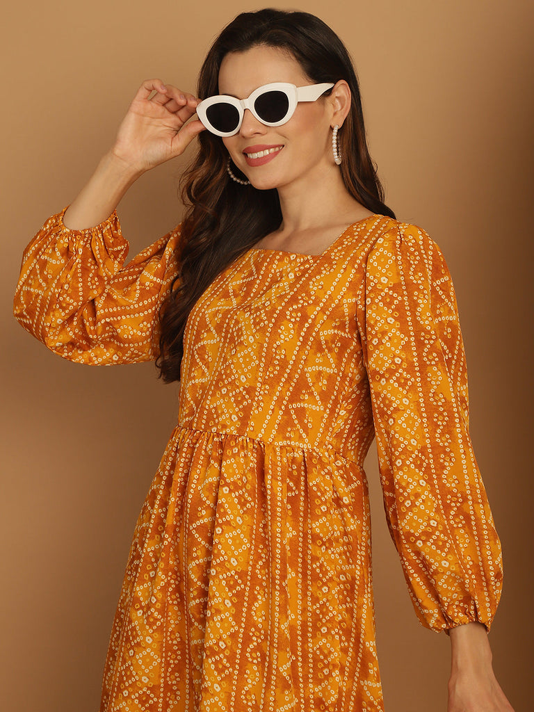 Women's Bandhani Printed Puff Sleeve A-Line Dress