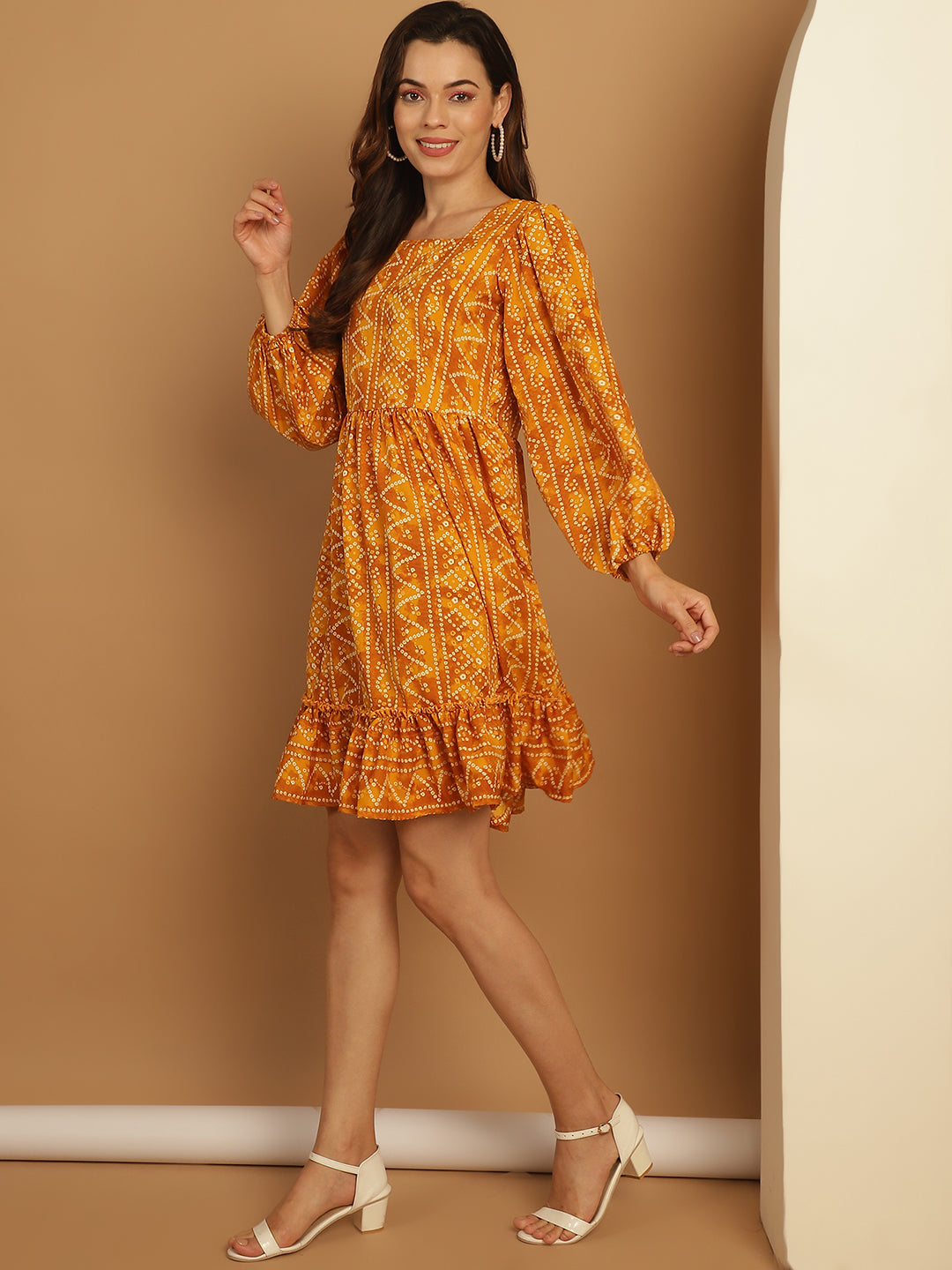 Women's Bandhani Printed Puff Sleeve A-Line Dress
