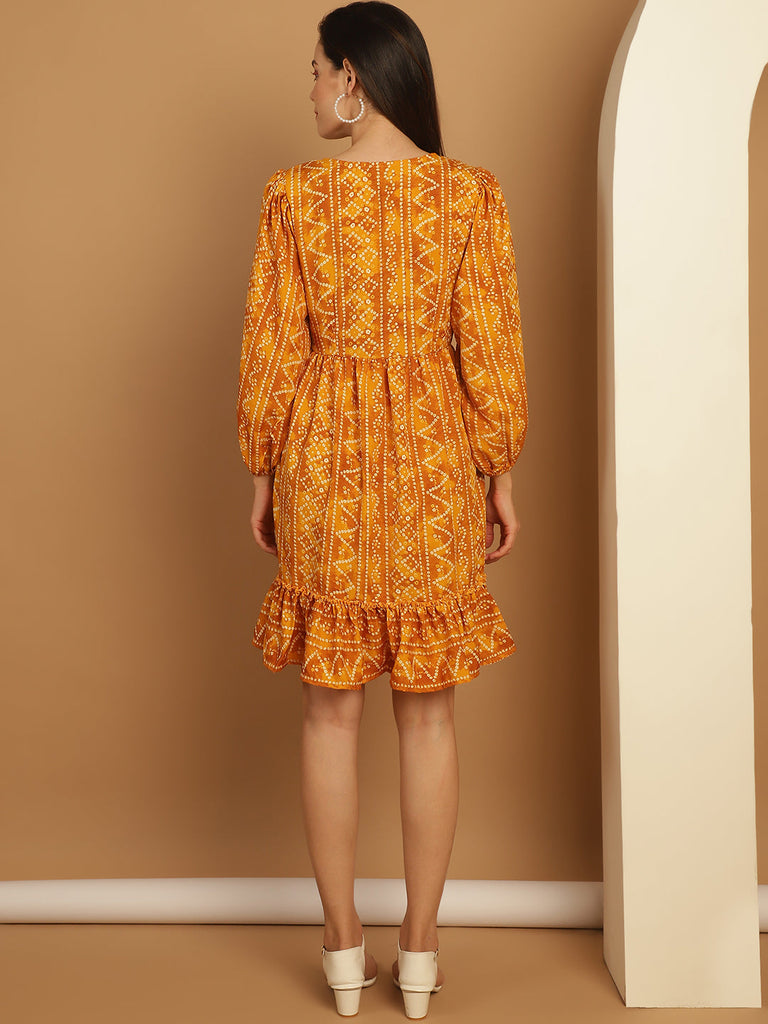 Women's Bandhani Printed Puff Sleeve A-Line Dress