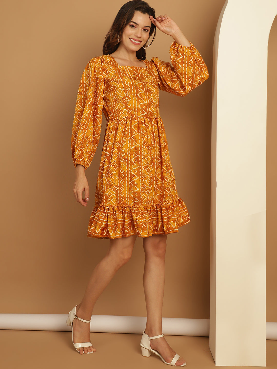 Women's Bandhani Printed Puff Sleeve A-Line Dress - Taantav