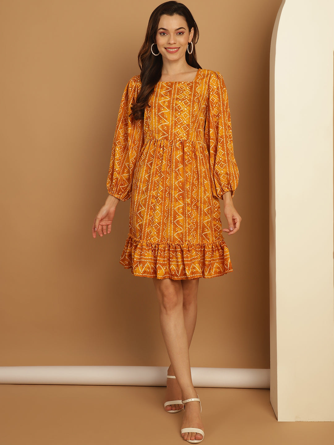 Women's Bandhani Printed Puff Sleeve A-Line Dress - Taantav