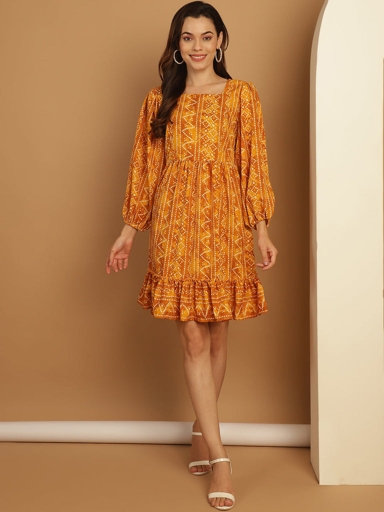 Women's Bandhani Printed Puff Sleeve A-Line Dress