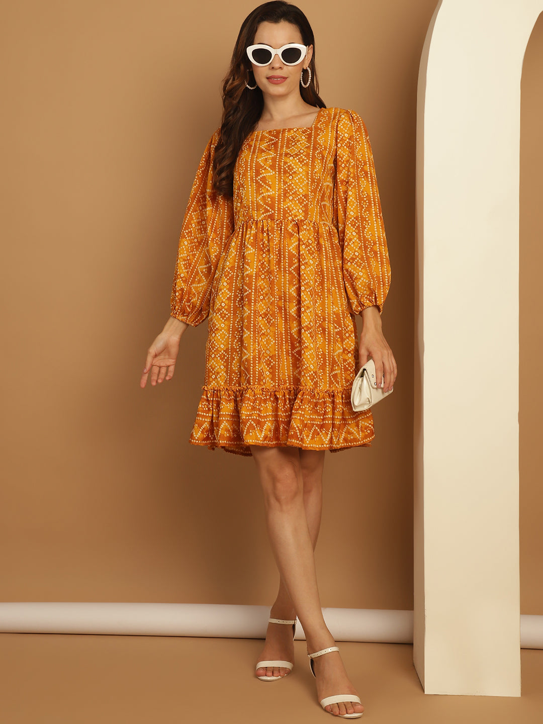 Women's Bandhani Printed Puff Sleeve A-Line Dress - Taantav