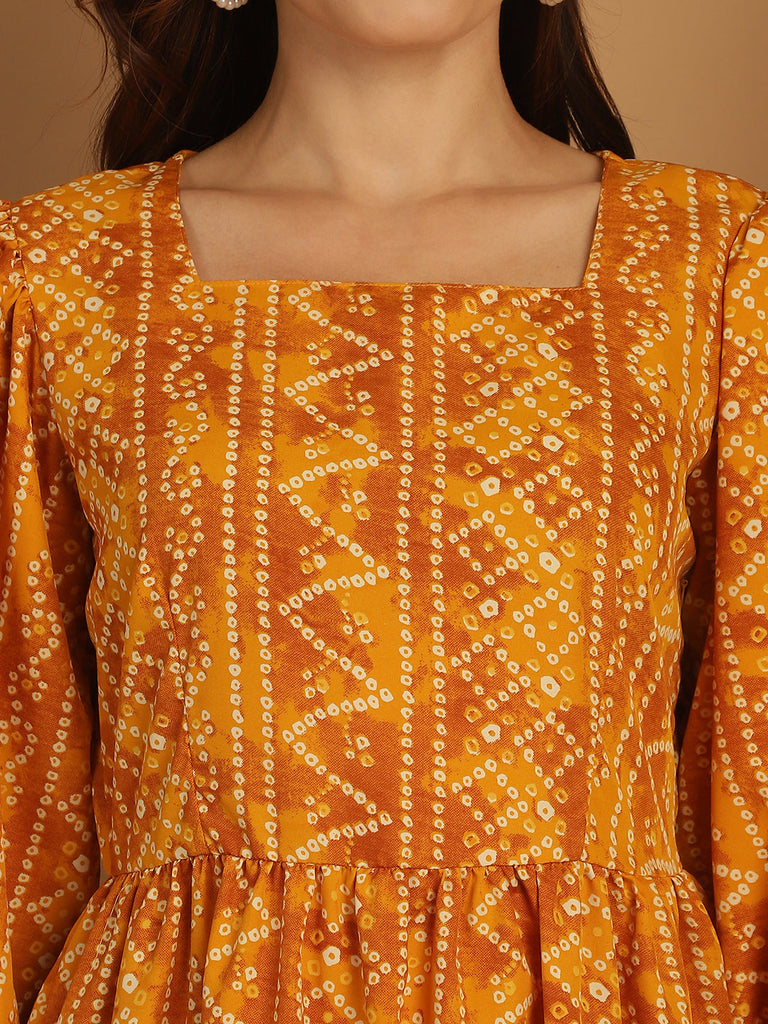 Women's Bandhani Printed Puff Sleeve A-Line Dress
