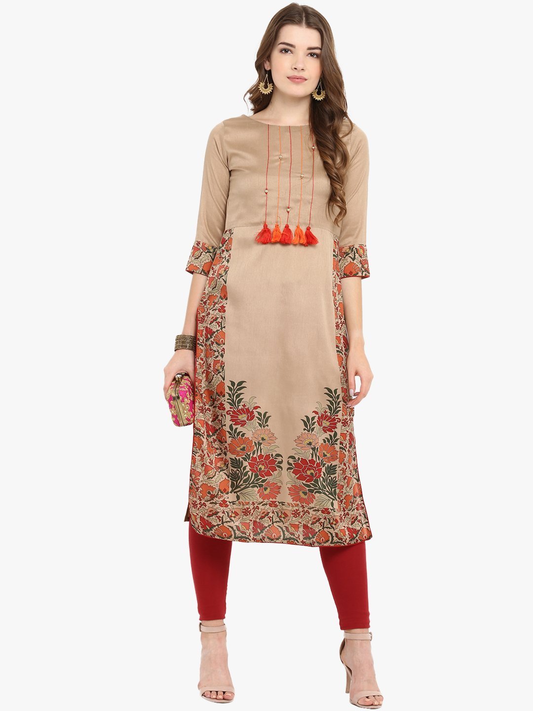 Women's Light Brown Poly Silk Kurta-Janasya USA