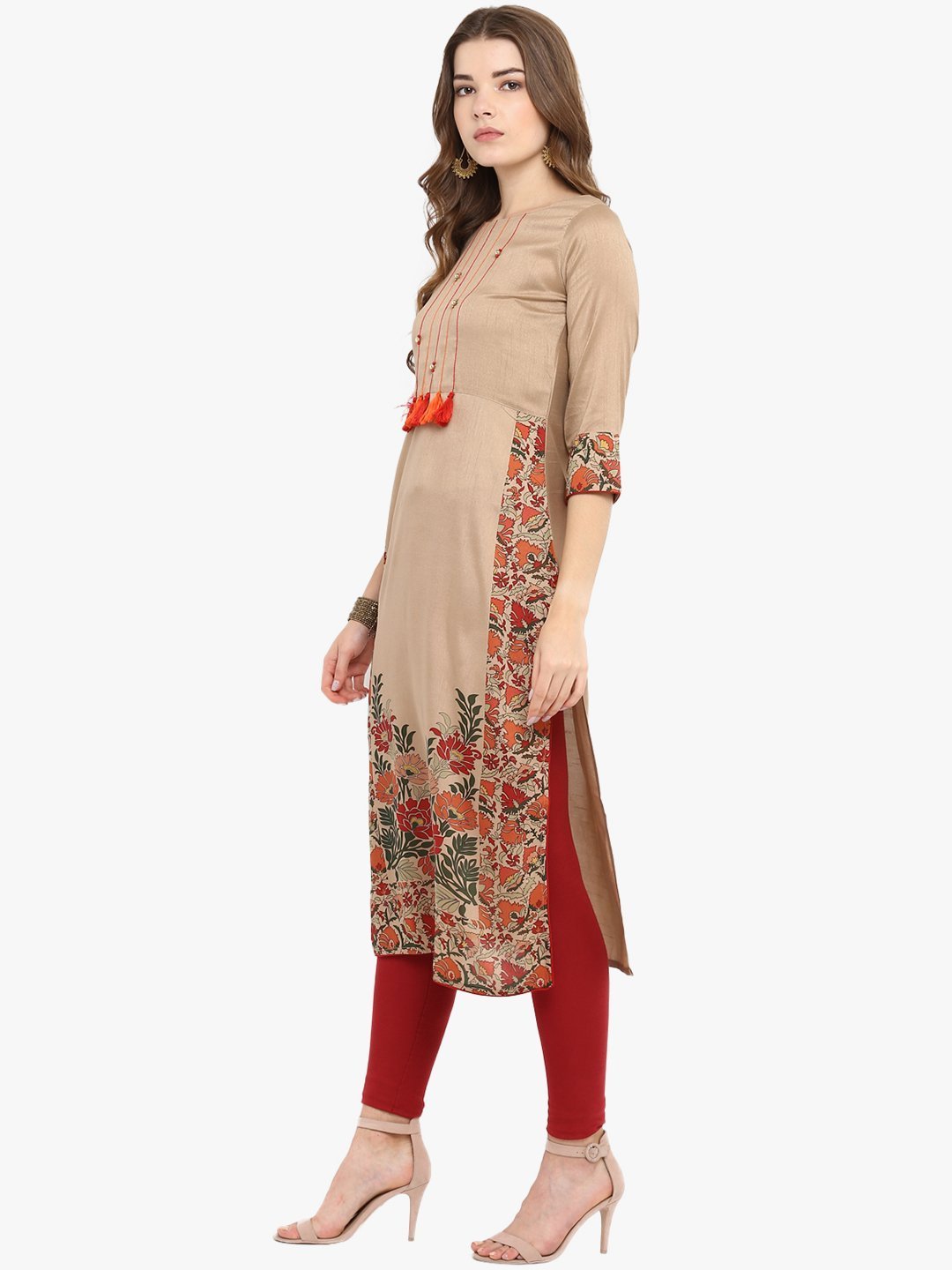 Women's Light Brown Poly Silk Kurta-Janasya USA