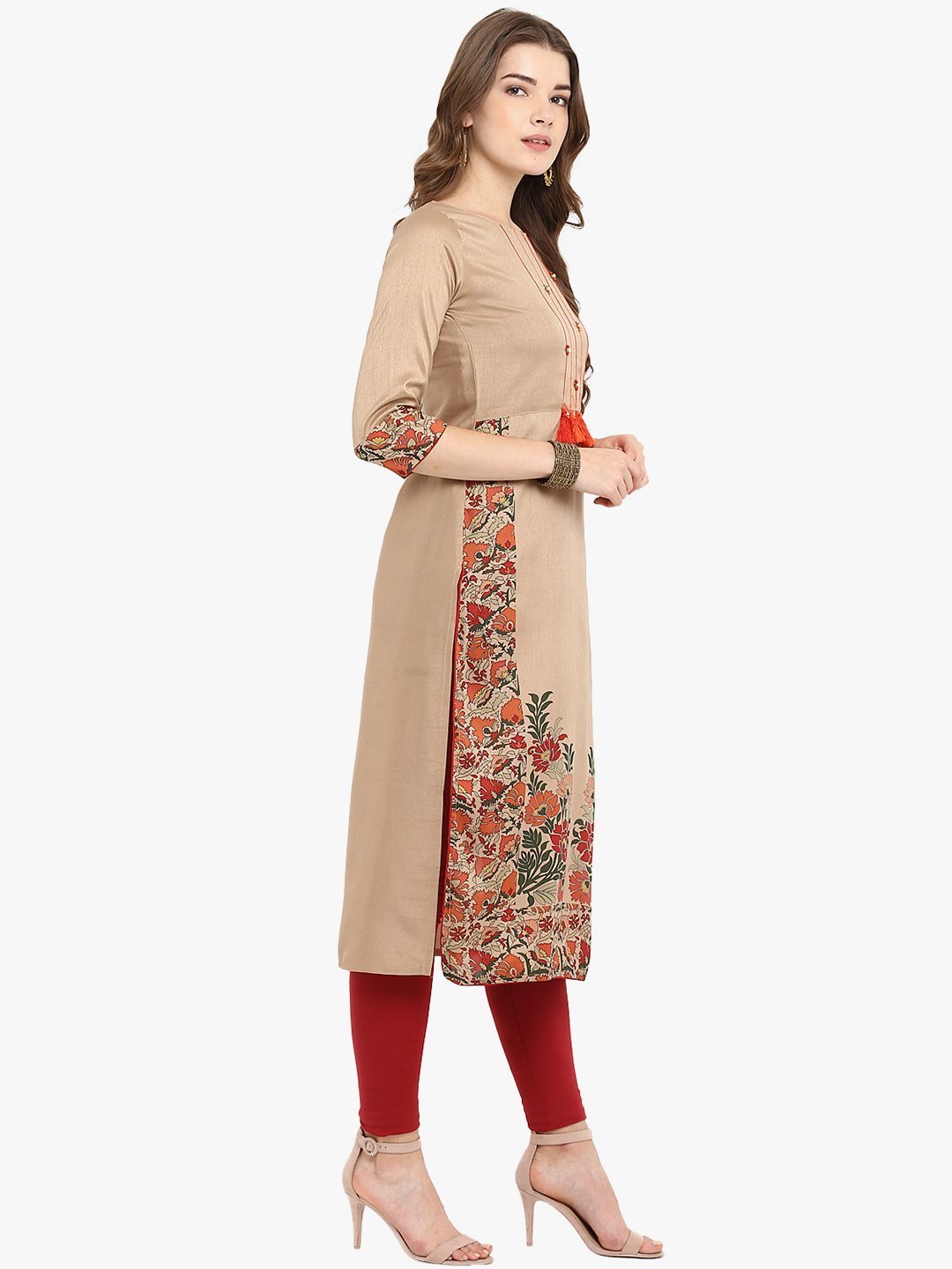 Women's Light Brown Poly Silk Kurta-Janasya USA