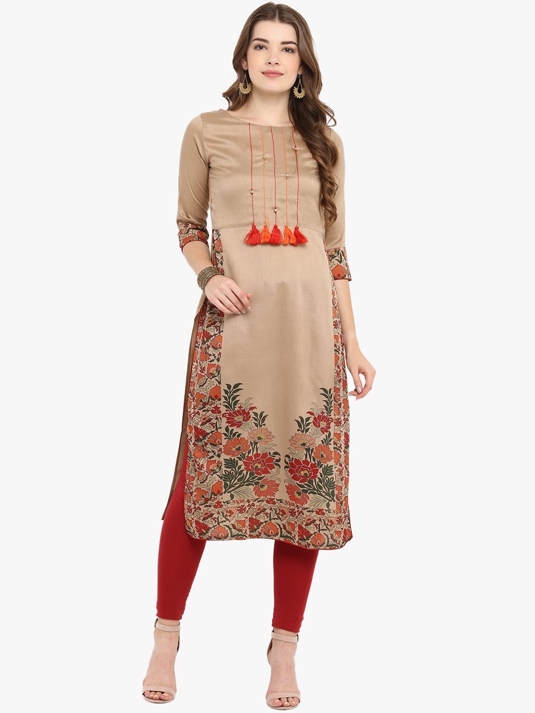 Women's Light Brown Poly Silk Kurta-Janasya USA