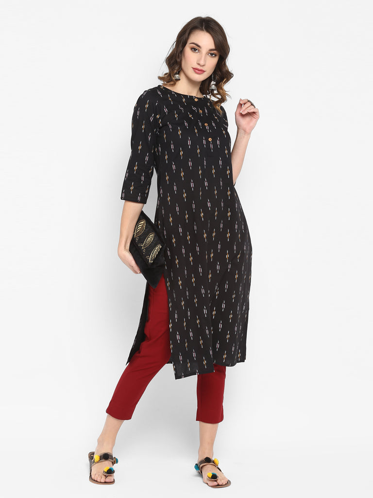 Women's Black Cotton Ikat Straight Kurta