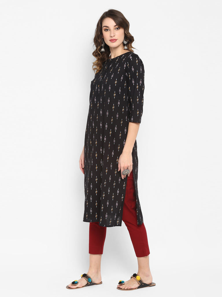 Women's Black Cotton Ikat Straight Kurta