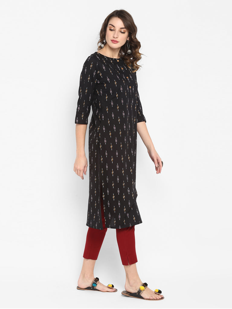 Women's Black Cotton Ikat Straight Kurta