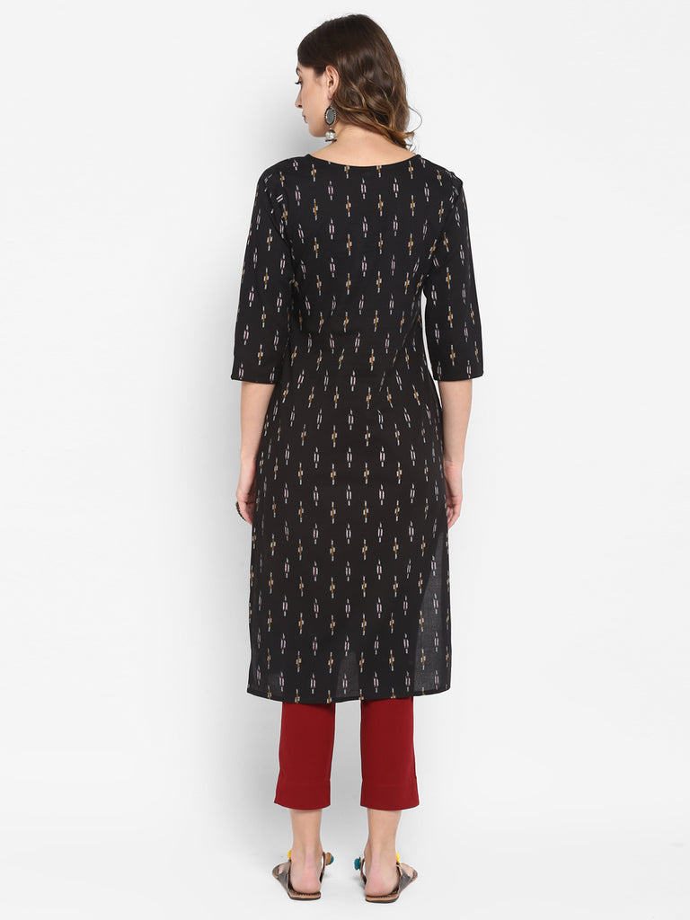 Women's Black Cotton Ikat Straight Kurta
