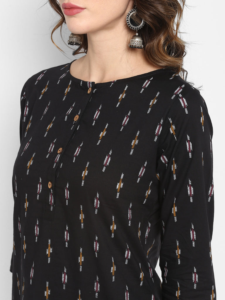 Women's Black Cotton Ikat Straight Kurta