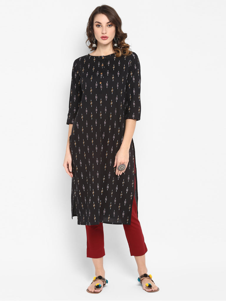 Women's Black Cotton Ikat Straight Kurta